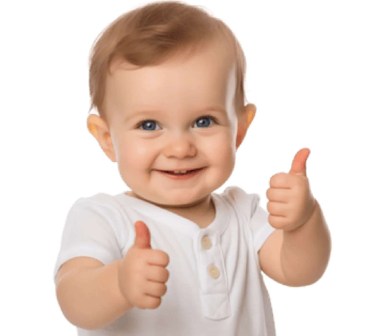 Smiling baby giving two thumbs up for the Bridge Helena Nursery section
