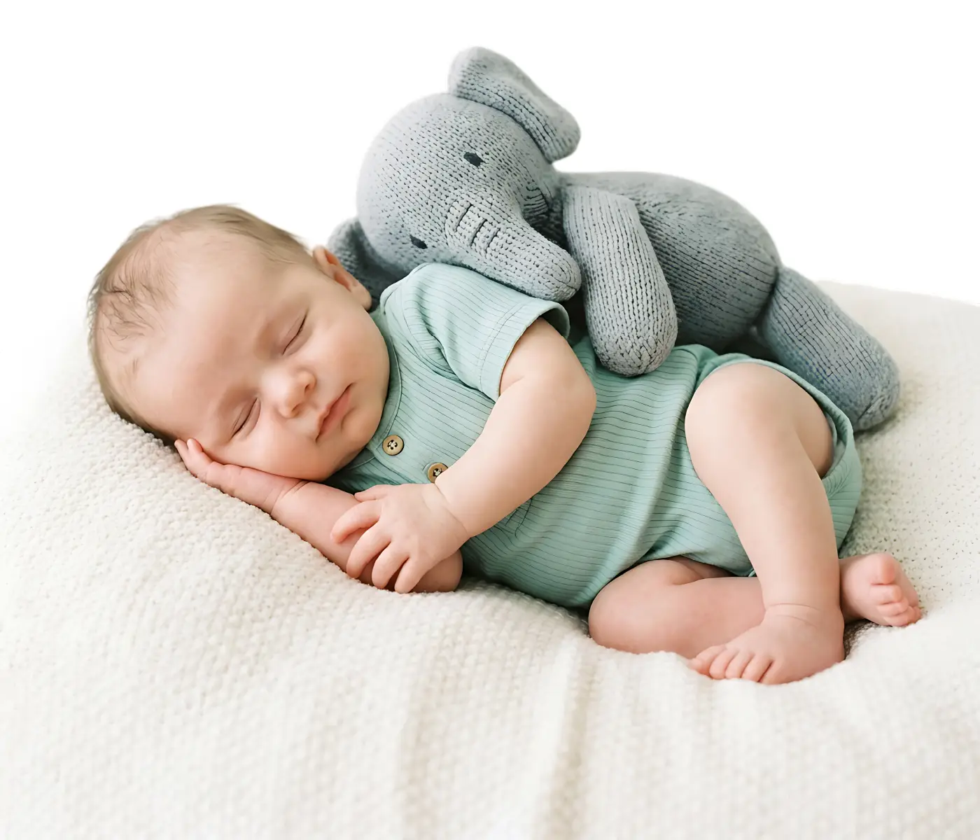 Sleeping baby with stuffed elephant for the Bridge Helena Nursery page in Helena, Montana